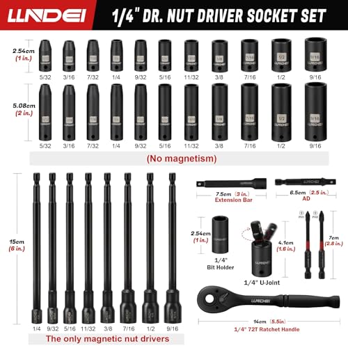 LLNDEI 1/4" Drive Socket Set & Nut Driver Set with Ratchet 38Pcs SAE 5/32" - size: 38PCS SAE