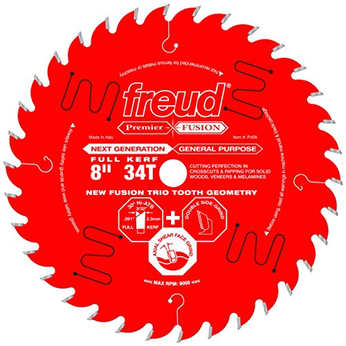 Freud P408: 8" 34T Premier Fusion General Purpose Blade for Crosscuts (3/8" to 3-1/2") & Rips (3/4" to 1-1/2") wood, laminate, veneered plywood, hardwoods & melamine. - style: Premier Fusion Saw Blade 8 inch x 34t Hi-ATB 30° 5/8 inch arbor Perma-Shield Co