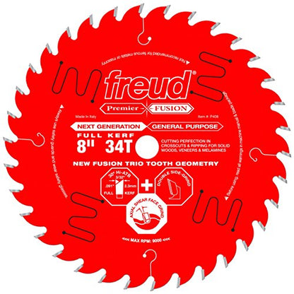 Freud P408: 8" 34T Premier Fusion General Purpose Blade for Crosscuts (3/8" to 3-1/2") & Rips (3/4" to 1-1/2") wood, laminate, veneered plywood, hardwoods & melamine. - style: Premier Fusion Saw Blade 8 inch x 34t Hi-ATB 30° 5/8 inch arbor Perma-Shield Co