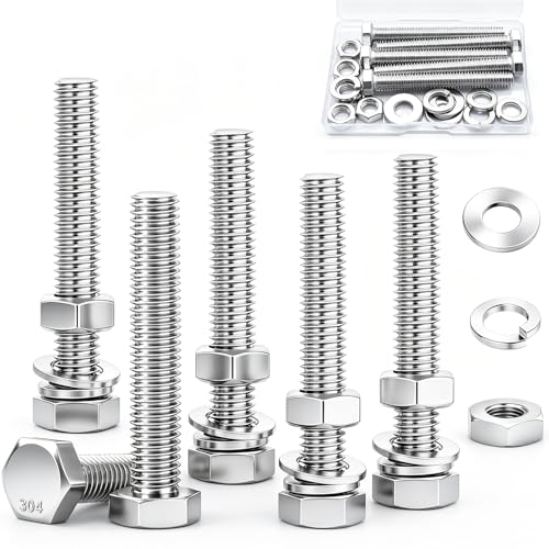 5 Sets 3/8-16 × 2-1/2" Stainless Steel Hex Head Screws Bolts, Nuts, Flat & Lock Washers,18-8(304) Full Thread - color: Silver-hex, size: 3/8-16×2-1/2"(5 sets)