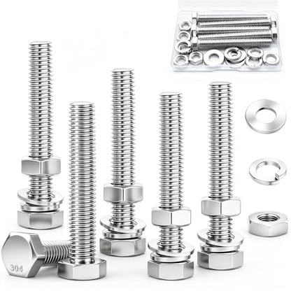 5 Sets 3/8-16 x 3 Stainless Steel Hex Head Screws Bolts, Nuts, Flat & Lock Washers,18-8(304) Full Thread - color: Silver-hex, size: 3/8-16×3"(5 sets)