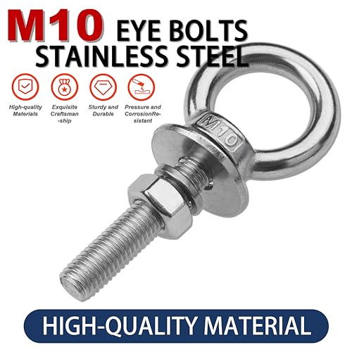 2 Pack M10 Stainless Steel Eye Bolts with Nuts, 3/8" x 2" Eye Bolts - size: M10x51mm (3/8"x2")