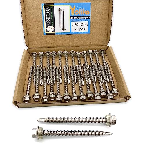 #12x2-1/2 Hex Washer Head Self Drilling Screws, 410 Stainless Steel, Self Tapping Sheet Metal Tek Screws, 25 PCS - size: 25 Pcs #12x2-1/2