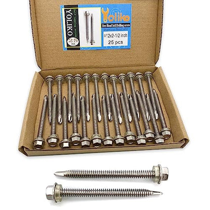 #12x2-1/2 Hex Washer Head Self Drilling Screws, 410 Stainless Steel, Self Tapping Sheet Metal Tek Screws, 25 PCS - size: 25 Pcs #12x2-1/2