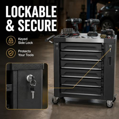 7-Drawer Rolling Tool Chest, Tool Box Lockable Metal Tool Cabinet with Side Storage Cabinet, Ball Bearing Slides Steel Organizer,Heavy-Duty Powder-Coated Tool Cart for Garage Workshope, Black