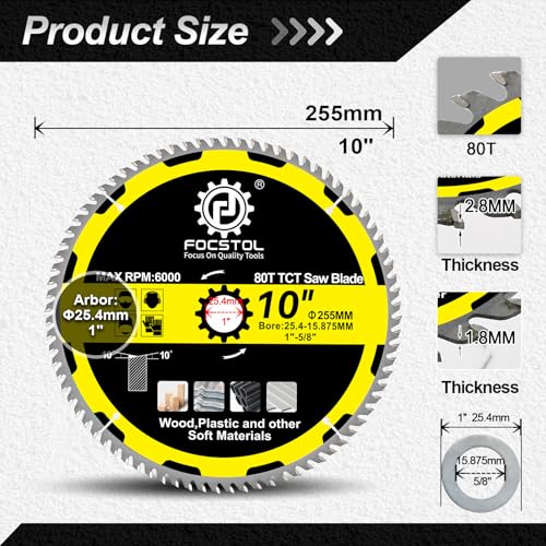 FOCSTOL Wood Cutting Circular Saw Blade 10''(255mm), 2pcs 80 Teeth TCT Cutting Blade for Wood, Plywood, Particle Board, Plastics and Other Soft Materials - size: 10''(255mm) 80T