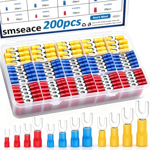 smseace 200PCS Fork Spade Wire Connectors - #4,#8,#10,1/4 22-16/16-14/12-10AWG U-Type Electrical Crimp Terminals Tinned Red Copper Pack in Box - color: Multicolored, size: #8,#10,1/4",5/16"