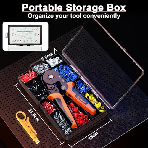 Preciva Professional Self-Adjusting Ratchet Crimping Tool Kit for Insulated Ferrules - 0.25-10mm² (AWG 24-8) with 1280PCS Terminal Kit & Mini Wire Stripper, Ergonomic Non-Slip Handle, Carrying Case