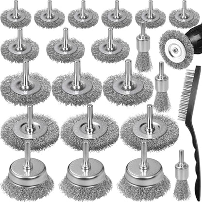 22-Pack Wire Brush for Drill, Carbon Steel Crimped Brushes – Spherical Wheel, Cup, Pen End & Hand Brushes Set, Fit 1/4 Inch Round Shank Power Drill Attachment for Rust, Paint, Abrasive Removal - color: Silver