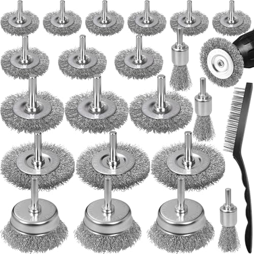 22-Pack Wire Brush for Drill, Carbon Steel Crimped Brushes – Spherical Wheel, Cup, Pen End & Hand Brushes Set, Fit 1/4 Inch Round Shank Power Drill Attachment for Rust, Paint, Abrasive Removal - color: Silver
