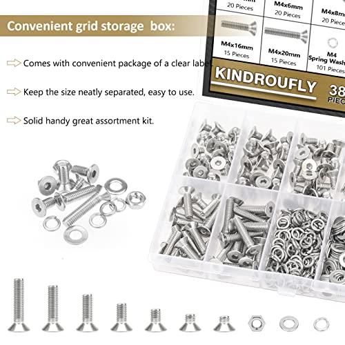 382 Pieces M4 x 5/6 /8/10 /12/16 /20mm Countersunk Head Socket Cap Screws Nuts Washers Assortment Kit, 304 Stainless Steel, Fully Machine Thread - size: M4, style: Countersunk Head Socket Cap