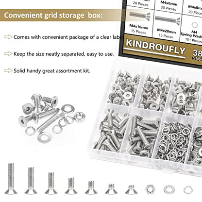 382 Pieces M4 x 5/6 /8/10 /12/16 /20mm Countersunk Head Socket Cap Screws Nuts Washers Assortment Kit, 304 Stainless Steel, Fully Machine Thread - size: M4, style: Countersunk Head Socket Cap
