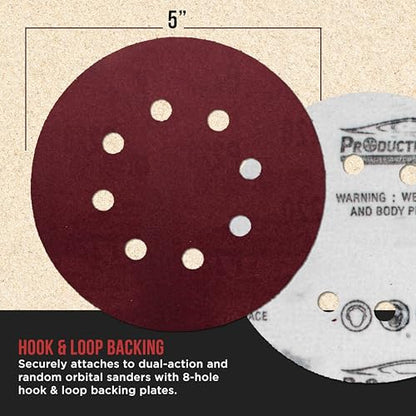 ProductionShop Premium 5" Red 8-Hole Pattern 220 Grit Sanding Discs, Box of 50 - Dustless Hook & Loop Backing Sandpaper for Random Orbital Sanders, Fine-Cut Abrasive - Woodworking, Sand Auto Paint - style: 220 Grit