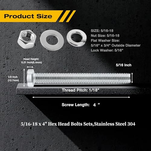 (5Set) 5/16-18x4 Complete Set Hex Head Screw Bolts,Nuts,Fender Flat washers,Split Lock Washers,Fully Threaded, Stainless Steel 18-8（304）, Bright Finish. - size: (5Set)5/16-18x4"