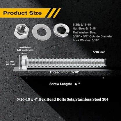(5Set) 5/16-18x4 Complete Set Hex Head Screw Bolts,Nuts,Fender Flat washers,Split Lock Washers,Fully Threaded, Stainless Steel 18-8（304）, Bright Finish. - size: (5Set)5/16-18x4"