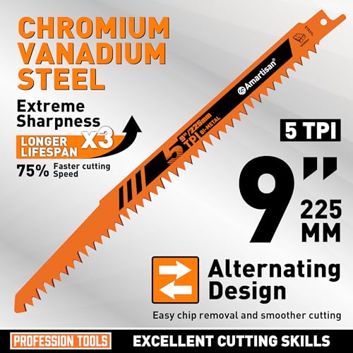 AMARTISAN 5-Piece 9 Inch 5TPI Durable High Carbon Steel Reciprocating Saw Blade for Wood Cutting and Tree Pruning - size: 9-Inch 5TPI Wood Pruning Blade (5-Piece)