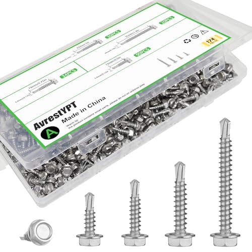 Self Tapping Screws for Metal, Sheet Metal Screws 174 Pcs Stainless Steel Self Drilling Screws #8 1/2" 3/4" #10 1" 1-1/2" Hex Head Sheet Metal Screws Assortment Kits for Metal Roofing, HVAC - size: #8/10-174Pcs