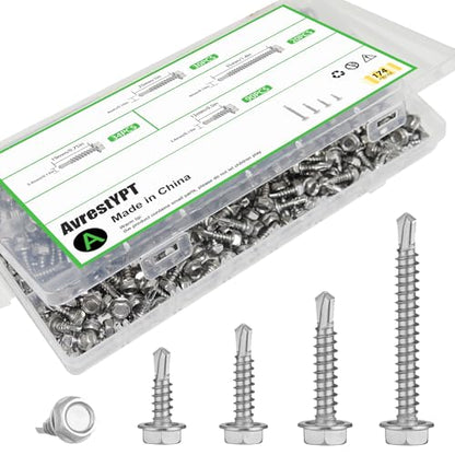 Self Tapping Screws for Metal, Sheet Metal Screws 174 Pcs Stainless Steel Self Drilling Screws #8 1/2" 3/4" #10 1" 1-1/2" Hex Head Sheet Metal Screws Assortment Kits for Metal Roofing, HVAC - size: #8/10-174Pcs