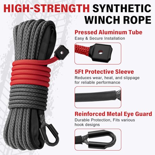 Synthetic Winch Rope Kit - 3/16" x 50' 8500 lbs Synthetic Winch Cable for ATV UTV Off-Road Vehicles with Forged Hook, Rubber Stopper, Protective Sleeve and Safety Pull Strap - Grey - color: Gray, size: 3/16'' x 50'