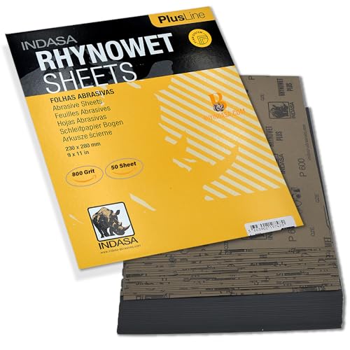 Indasa 50 PCS 9x11” Rhynowet Wet & Dry Sandpaper Sheets, 800 GRIT, Clog-Resistant Abrasive for Wood, Metal, Auto, Paint & Clear Coat Finishing, Sand Paper Silicon Carbide, Plusline - size: 800 GRIT 9"x11" Silicon Carbide