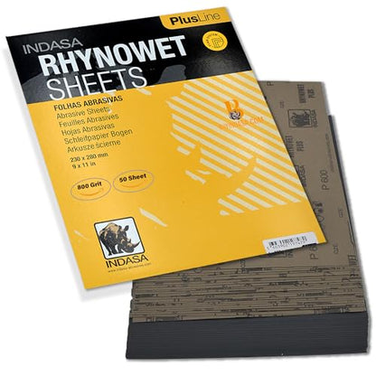 Indasa 50 PCS 9x11” Rhynowet Wet & Dry Sandpaper Sheets, 800 GRIT, Clog-Resistant Abrasive for Wood, Metal, Auto, Paint & Clear Coat Finishing, Sand Paper Silicon Carbide, Plusline - size: 800 GRIT 9"x11" Silicon Carbide