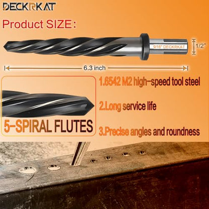 9/16" Reamer Drill Bit for Metal, M2 HSS Taper Reamer for Steel, Alloy, Wood, Plastic to Align, Enlarge Holes – 5-Spiral Flutes, 1/2" Non-Slip Shank, 14mm Car Reamer, Bridge Construction Reamer. - size: 9/16"