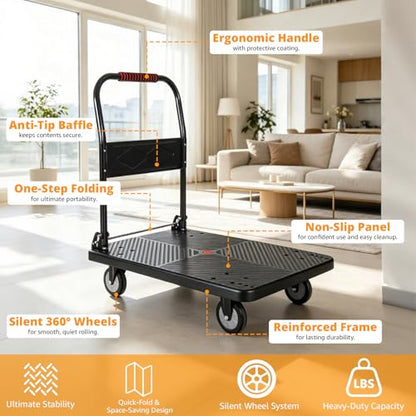 Heavy Duty Foldable Push Cart Dolly with 660LBS Capacity - Collapsible Platform Truck with Swivel Wheels, Flat Bed Moving Wagon & Space Saving Handles (1, Black, 660 LBS) - color: 660lbs-black
