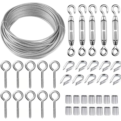 TooTaci Turnbuckle Wire Tensioner Kit, 100ft 1/16 Vinyl Coated Wire Rope - color: 30M+M5 Turnbuckle Wire Tensioner Kit