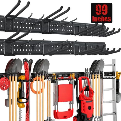 Garage Tool Organizer Wall Mount 99 inches with 18 Adjustable Heavy-Duty Hooks, Garage Organization, Garden Tool Storage Rack, Yard, and Shed, Holds Up to 750 lbs - size: 99" | 6 Panels + 18 Hooks