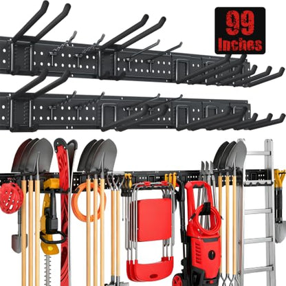 Garage Tool Organizer Wall Mount 99 inches with 18 Adjustable Heavy-Duty Hooks, Garage Organization, Garden Tool Storage Rack, Yard, and Shed, Holds Up to 750 lbs - size: 99" | 6 Panels + 18 Hooks
