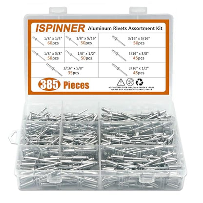 ISPINNER 385pcs 8 Sizes Aluminum Blind Rivets, Pop Rivets Assortment Kit (Silver)