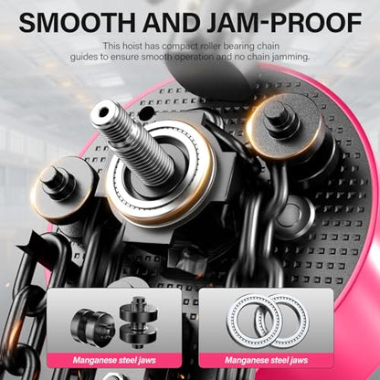 1 Ton Chain Hoist, 2200 lbs Capacity, 8FT Lift Manual Chain Block, Heavy Duty G80 Steel Chain Hoist with Dual-Pawl Brake System and Forged Steel Hooks for Garage, Warehouse Construction,Pink