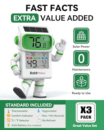 BALDR Solar Indoor Thermometer Hygrometer, Max/Min, Comfort Meter (3 Pack) - color: White 3 Pack