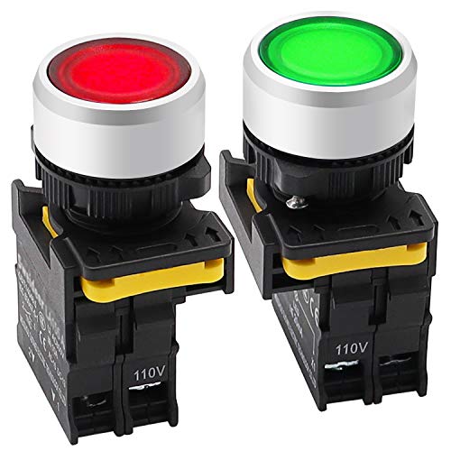mxuteuk 2Pcs Red Green LED Light Voltage 110V-220V 22mm 1NO 1NC Waterproof IP65 SPST Momentary Push Button Switch 10A 600V LA155-A1-11D-RG - color: Red 1NC+Green 1NO