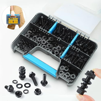 M8-1.25 Bolt Flange Head Bolts Assortment Kit,184Pcs Metric Bolts and Nuts Kit Serrated Flange Nuts Washers,10.9 Alloy Steel Black Zinc Plated(M8x16/20/25/30mm) - size: Black M8 184PCS Flanged Bolt