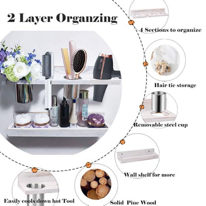 Wall-Mounted Hair Tool Organizer with Heat Resistance - Set of 2 Layer Rustic Blow Dryer Holder (White) - color: White