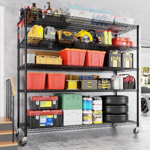 PrimeZone 5 Tier 80.7"H x 55.5"W x 24"D Wire Shelving with Wheels 3000lbs - size: 55.5" W x 24" D x 80.7" H