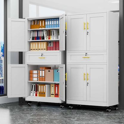 pozdeg 74" White Lockable Rolling Metal Garage Storage Cabinet - color: White, size: 15.74"D x 35.43"W x 74"H
