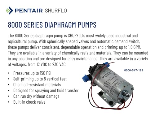 PENTAIR SHURFLO 8000-547-189 High Pressure Diaphragm Pump, 12V DC, 1.8 GPM, 107 PSI, Viton Valves, Santoprene Diaphragm, Self Priming, Chemical Resistant, Agricultural Sprayer Pump
