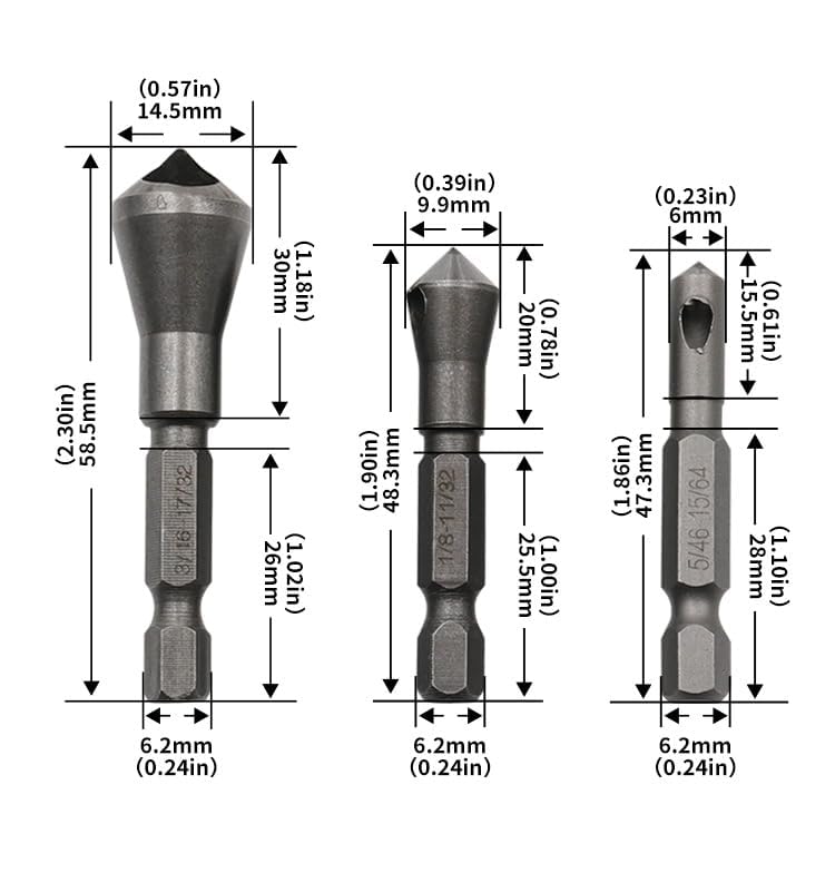 Chamfer Bit Set, 3-Piece 1/4" Hex Shank Countersink Deburring Tool, Chamfering & Deburring Drill Bit for Metal, Wood, Plastic & PVC Board, Professional Woodworking & Metalworking Tool