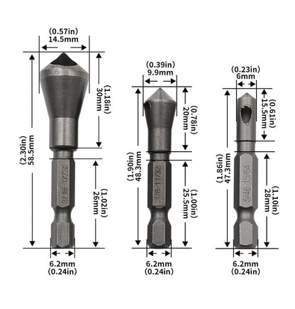 Chamfer Bit Set, 3-Piece 1/4" Hex Shank Countersink Deburring Tool, Chamfering & Deburring Drill Bit for Metal, Wood, Plastic & PVC Board, Professional Woodworking & Metalworking Tool