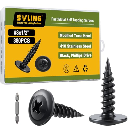 #8×1/2" Wood Screws Phillips Modified Truss Head Quick Metal,380Pcs Self Tapping Screws Stainless Steel 410,Black Zinc Plated with Driver Bit - color: Black Self Tapping, size: 8x1/2"