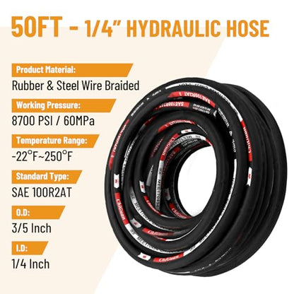 50FT 1/4" Hydraulic Hose with 16PCS Hydraulic Hose Fittings - size: 1/4" Hydraulic Hose - 50FT