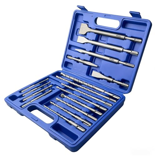 17-Piece SDS Plus Rotary Hammer Drill Bit and Floor Scraper Chisel Set Kit, Slotted-Type Double Thread Carbide Concrete Drill Bit for Stone, Brick, Masonry, Cement Walls with Storage Case - size: 17-Piece