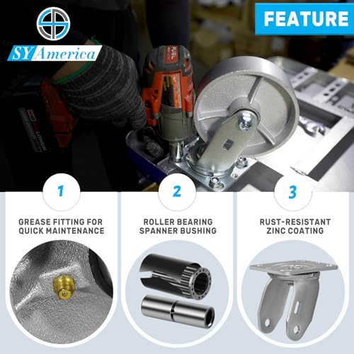 SY America 4" X 2" Cast Iron Caster Wheels,Heavy Duty Industrial Casters, Load Capacity 800 lbs,Perfect Toolbox Caster Wheels-1 Rigid - color: 1 Rigid, size: 4" Wheel