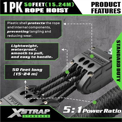 XSTRAP STANDARD Heavy-Duty 50 FT Rope Hoist Pulley System w/Metal Bearing - color: 50ft Black Upgraded