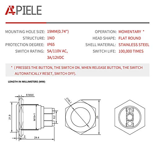 APIELE Push Button Switch 19mm Momentary Waterproof Stainless Steel Metal Flat Top 12V 24V 36 DC 110V 250V AC 5A 1NO SPST Screw Terminal (Pack of 2) - style: Momentary Flat Round