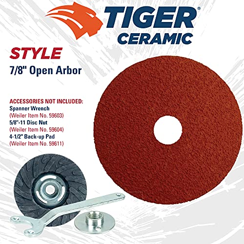 Weiler 69851 Tiger Ceramic Alumina Resin Fiber Sanding & Grinding Disc, 4-1/2" Diameter, 36 Grit, 7/8" Arbor Hole (Pack of 25) - size: 7/8" Arbor, style: 36 Grit
