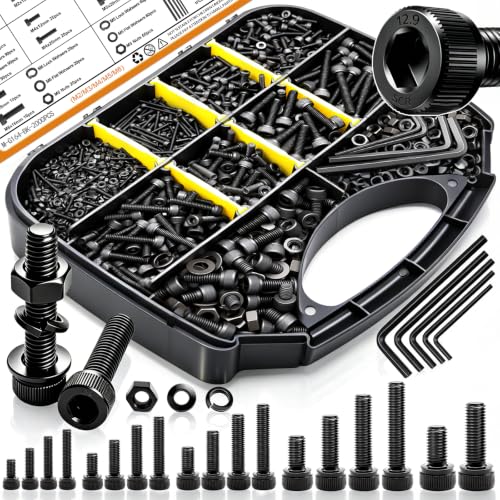 mankk 2000PCS Metric Screw Bolt Assortment Kit M2/M3/M4/M5/M6 Hex Socket Head Cap Bolts Nuts & Washers Set 12.9 Grade Alloy Steel Zinc Plated Metric Machine Screws - size: M2/M3/M4/M5/M6