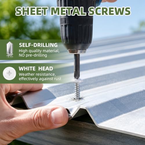 #10 x 5/8" (100 PCS) White Head Fast Self Tapping Sheet Metal Screws, Modified Truss Head Self Drilling Screw, Full Thread, Screwdriver Bit Included - color: White, size: #10 x 5/8"